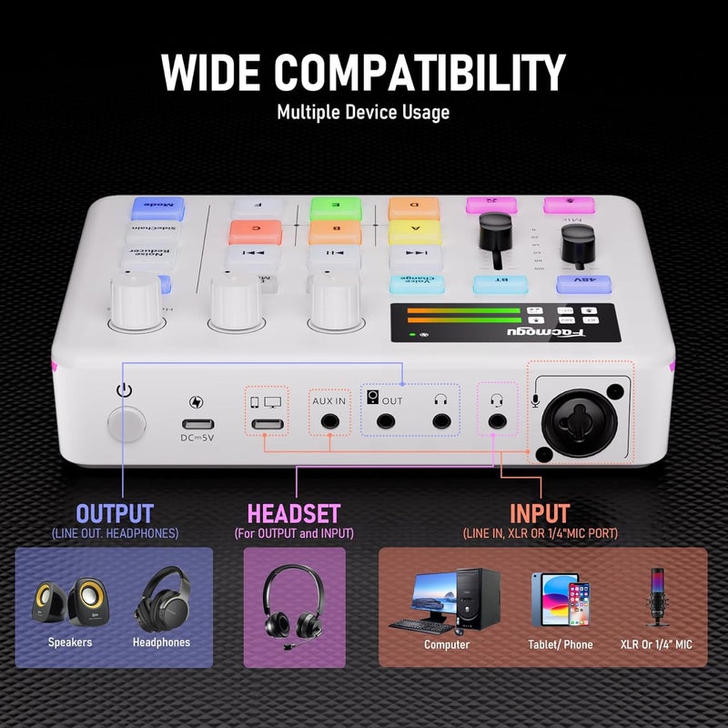 Facmogu خلاط صوت G9، خلاط RGB للبث المباشر مع واجهة ميكروفون XLR، مفتاح التحكم في الصوت، زر كتم الصوت، طاقة فانتوم 48 فولت، معدات بودكاست لوح الصوت للبث المباشر، تسجيل البودكاست - أبيض - Image 5